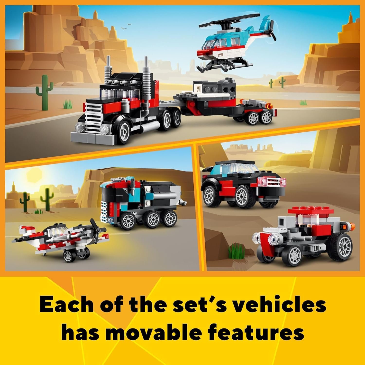 LEGO Creator 3 in 1 Flatbed Truck with Helicopter Toy, Transforms from Flatbed Truck Toy to Propeller Plane to Hot Rod and SUV Car Toys - Image 3